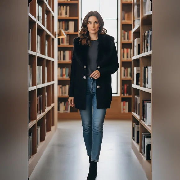 NWT Vintage NYgard Collection Black Cardigan Small Genuine Rabbit Fur Collar - Picture 10 of 14